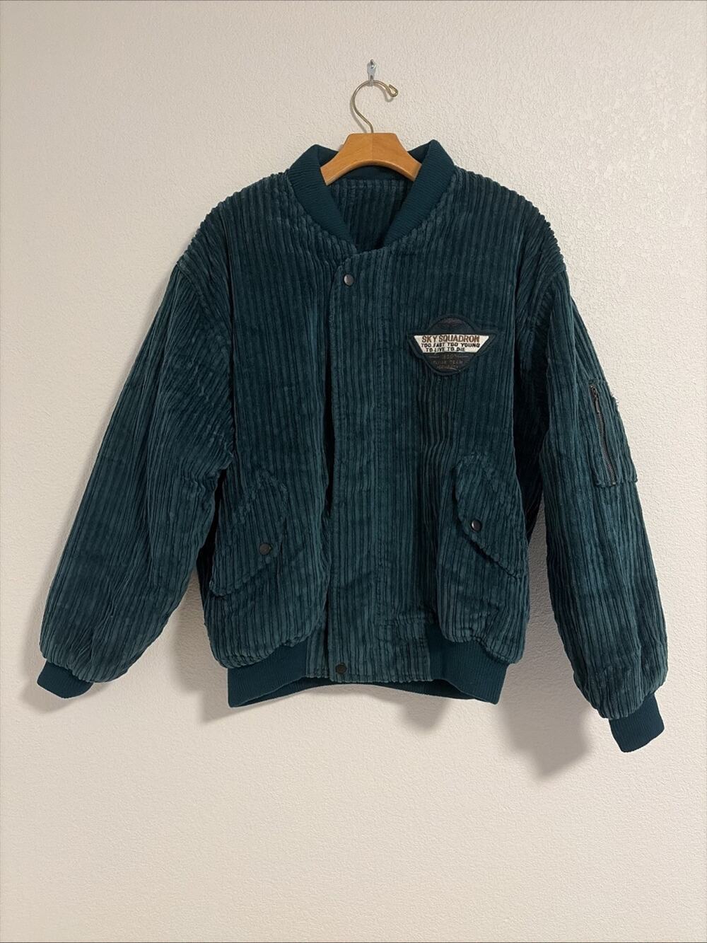 NEW Green Corduroy Bomber Jacket Mens Snap Pocket Zipper Warm Sky Squadron
